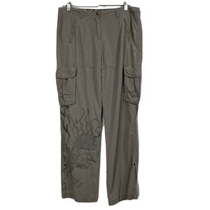Da-Nang Pants Womens Sz M Gray Silk Blend‎ Embroidered Dragon Cargo Roll Hem